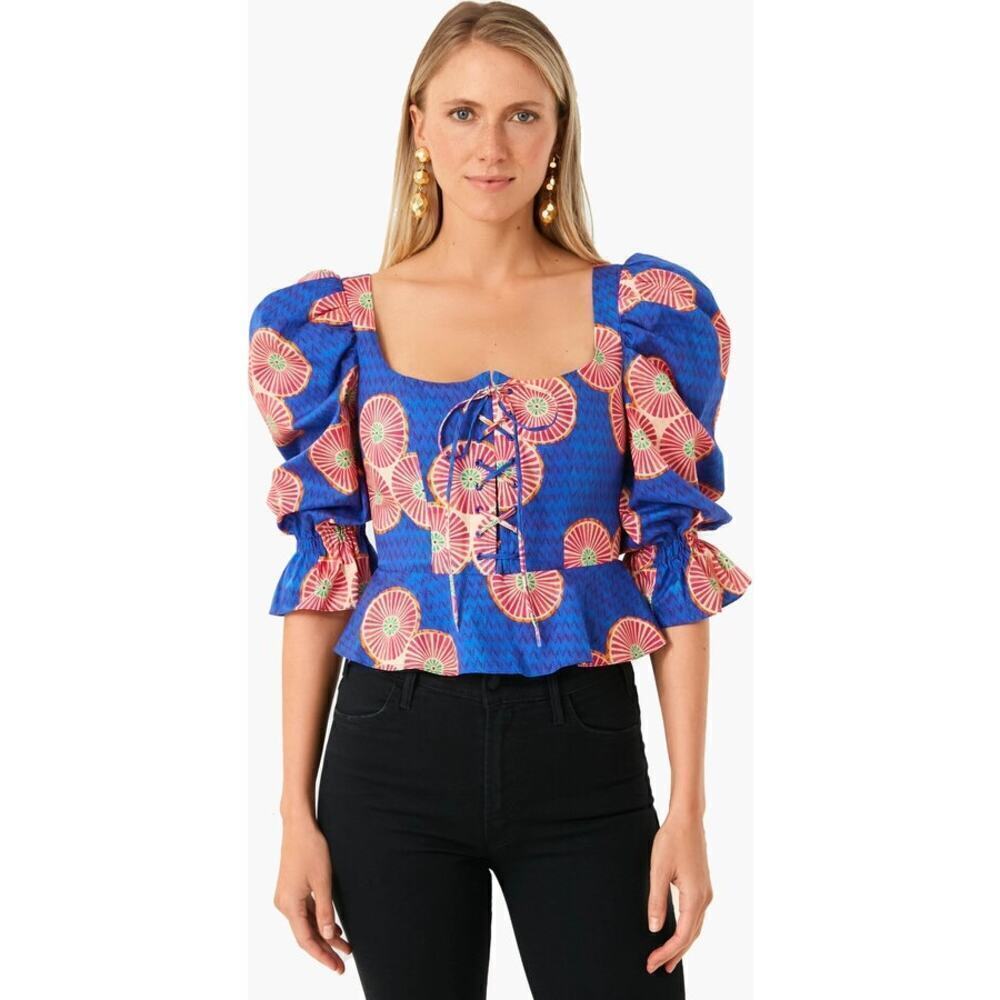 Autumn Adeigbo Mallory Top African Block Print Lace Up Peplum Blue Gold NWT 2